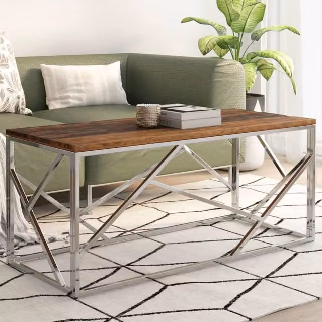 Berkfield Home Modern Rectangular Coffee Table in Silver Stainless Steel and Wood – 1