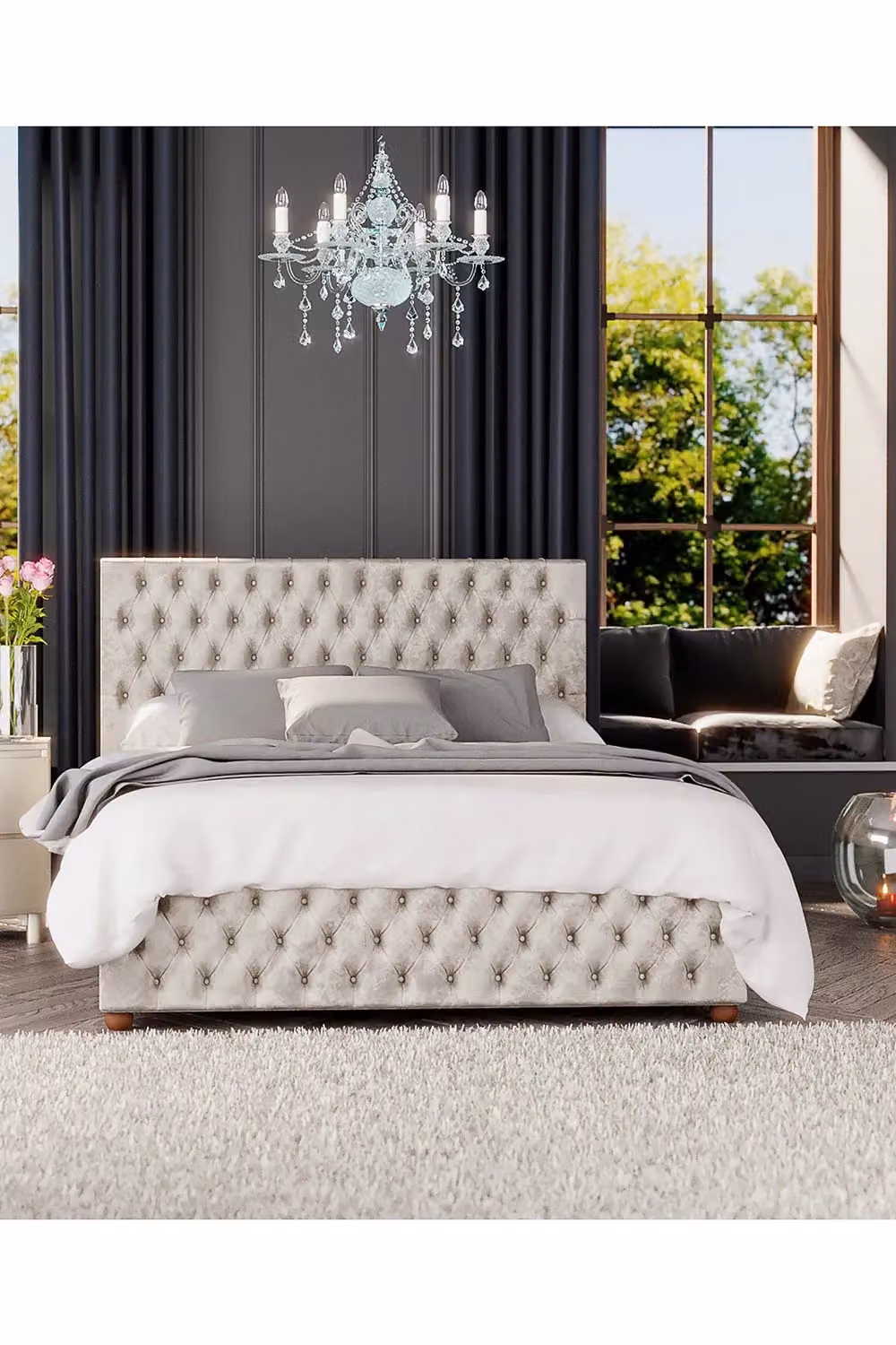 Laurence Llewelyn-Bowen Seren Ottoman Storage Bed in White Mirazzi Velvet Fabric, Super King, W/D/H: 200 x 200 cm – 4