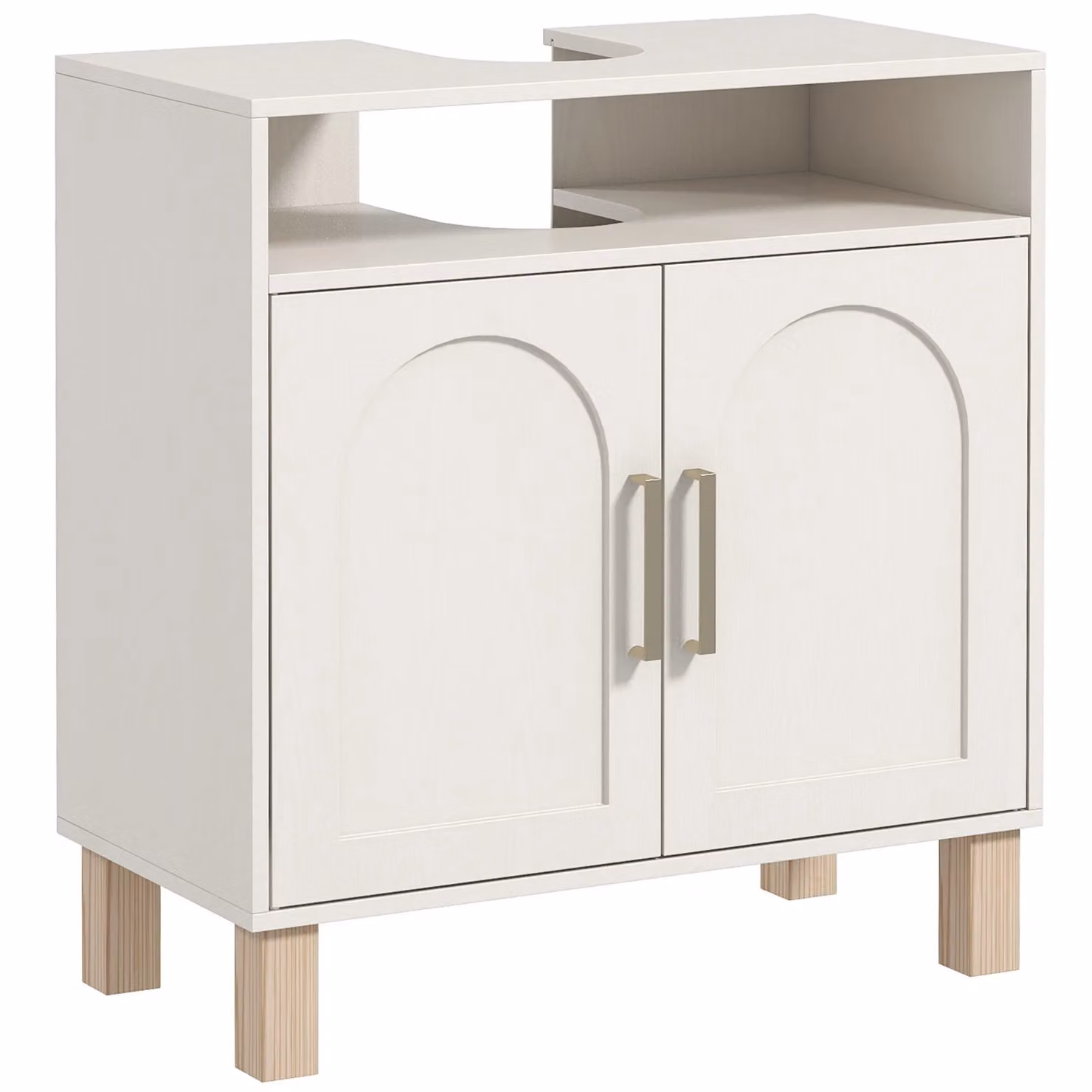 HOMCOM Modern Freestanding Under Sink Bathroom Cabinet with Internal Shelves and Hinged Doors, Cream White – 2