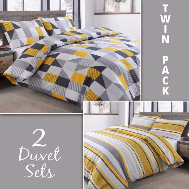 Velosso Jazz Two Pack Duvet Cover and Pillowcase Set in Yellow, King Size, W: 180 cm, H: 200 cm