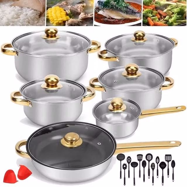 EONLION 20-Piece Silver Ceramic Non-Stick Induction Pot and Pan Set with Stainless Steel
