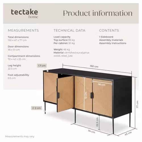 tectake Juna Sideboard with 4 Doors and 2 Media Compartments in Black and Brown Multicolour – 3