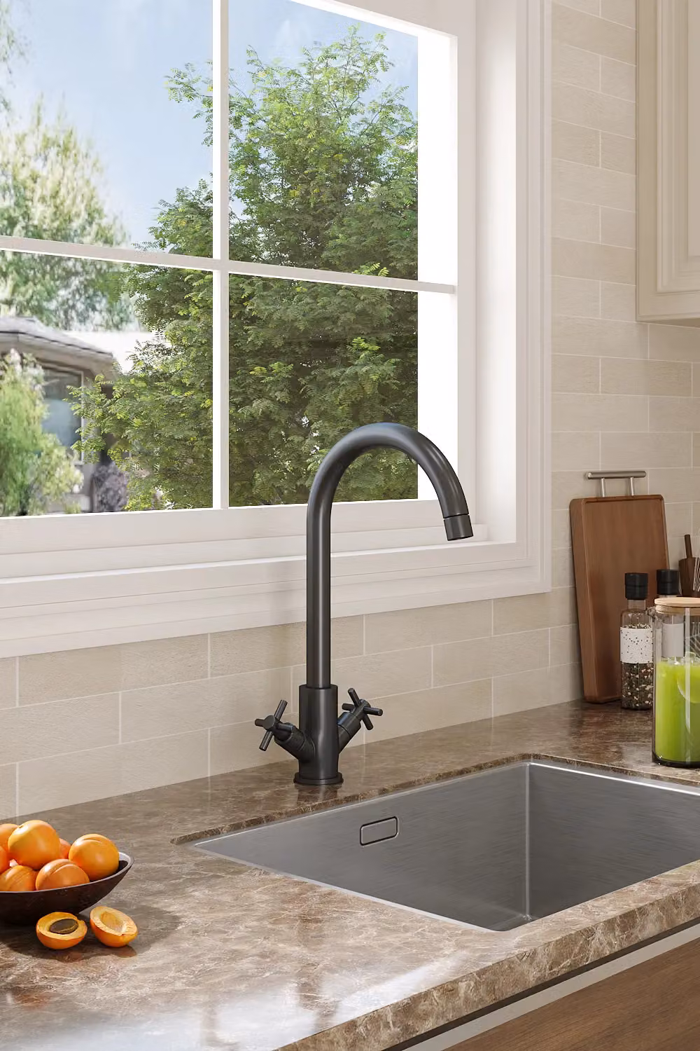 H&O Direct Dual-Handle Stainless Steel Kitchen Faucet in Matt Black – 2