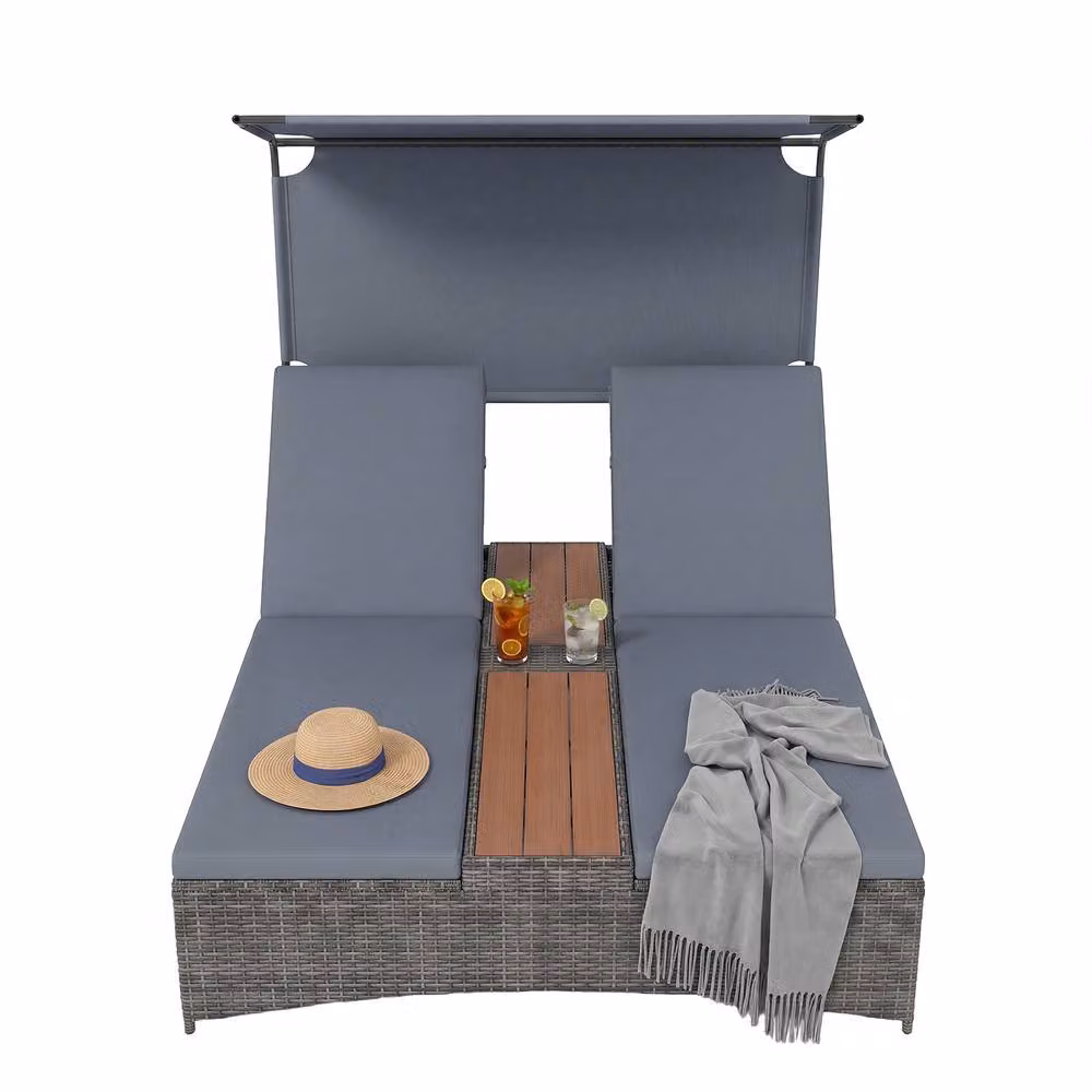 Costway 2-Person Grey Polyrattan Sun Lounger with Canopy, Central Table and Cup Holders – 5