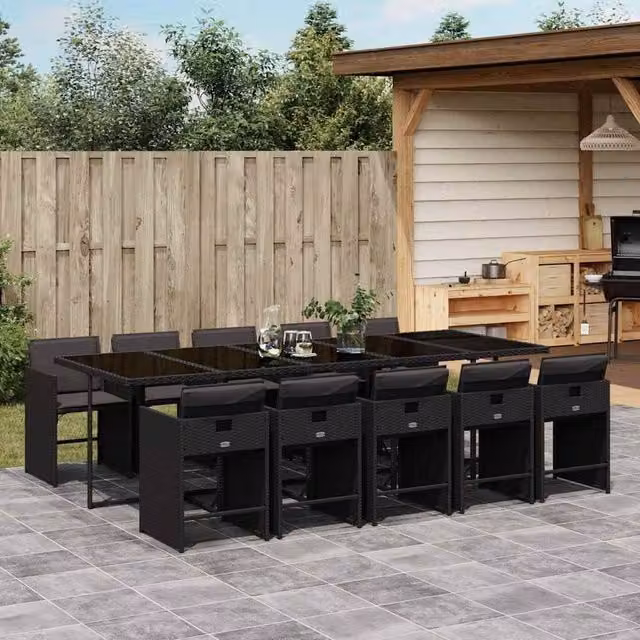 Berkfield Home Modern Polyrattan Garden Dining Set with Glass Tabletop in Black