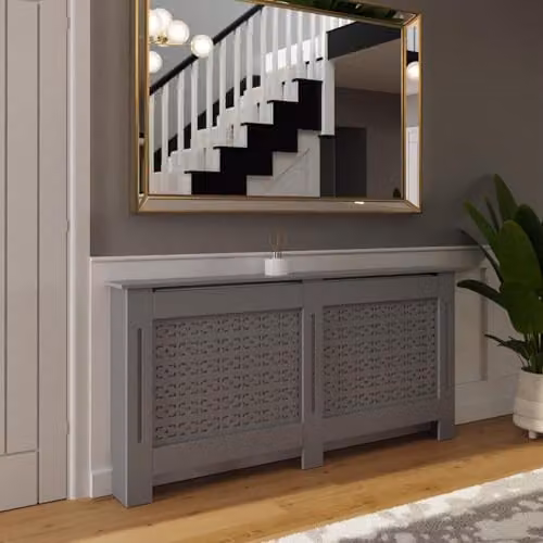 FWStyle Grey Geometric Extra Large Radiator Cover Shelf Cabinet, W: 82.3 cm, H: 172 cm, D: 19 cm – 2