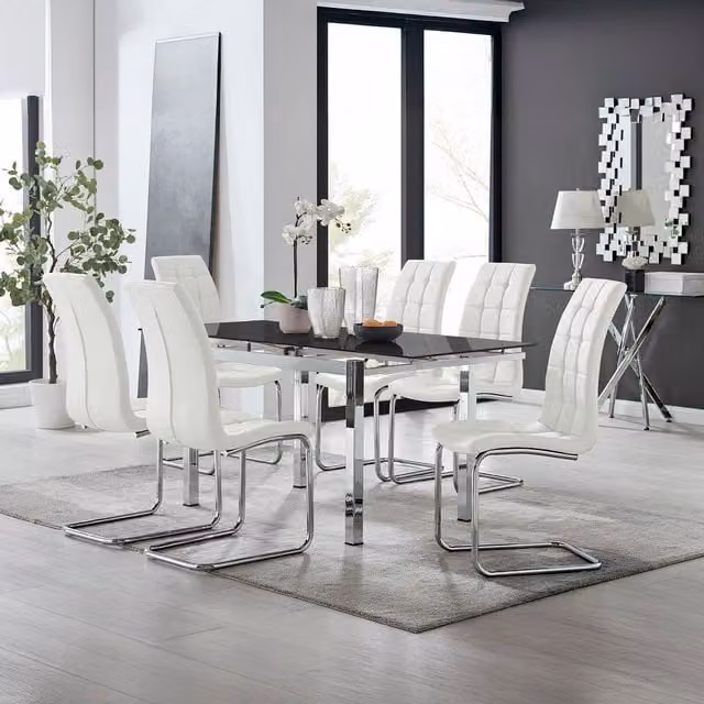 Furniturebox Enna Black Glass Extending Dining Table and 6 Murano White Chairs