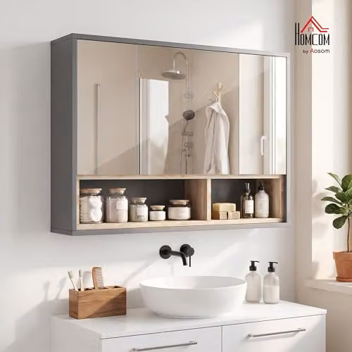 HOMCOM Grey 3-Door Wall-Mounted Bathroom Mirror Cabinet with Internal Shelves – 2