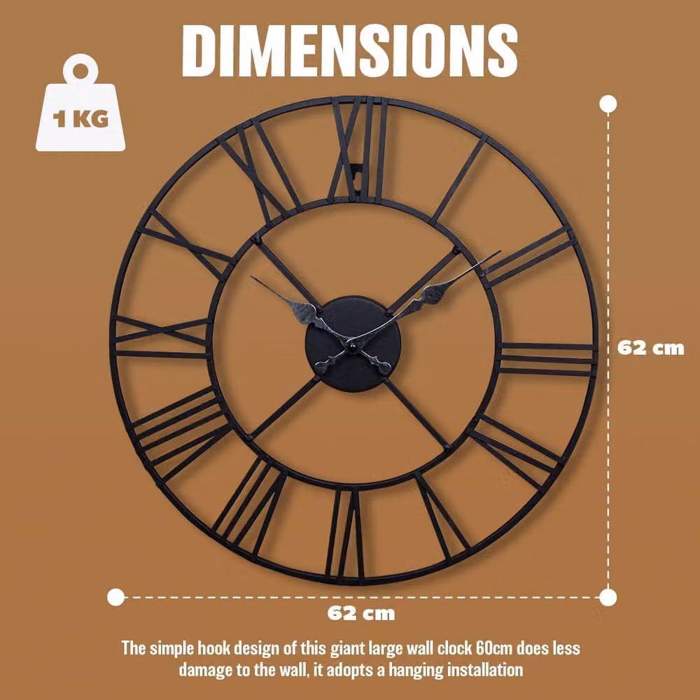 BARGAINS-GALORE Black Vintage Metal Silent Roman Numeral Wall Clock for Indoor and Outdoor Use, Diameter: 60 cm – 3