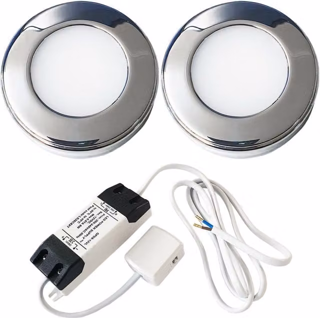 Loops 2x Chrome Round LED Under Cabinet Kitchen Light and Driver Kit with Natural White Light