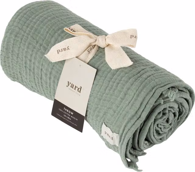 Lark Muslin Cotton Throw with Fringes, Green, W: 180 cm
