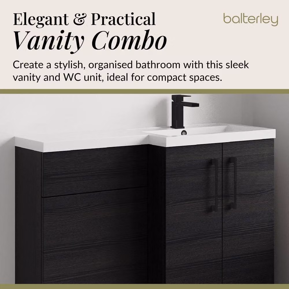 Balterley Modern Matt Black Woodgrain Right-Hand Vanity and WC Unit Combination, W: 110 cm, H: 84 cm – 4