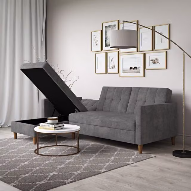 Dorel Home Hartford Reversible L-Shape Sectional Sofa Bed in Grey Fabric with Lift-Up Seat and 150x200 cm Sleeping Function