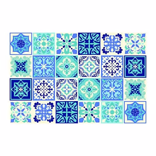 WALPLUS Daliah Mediterranean Blue and Turquoise Adhesive Wall Tile Sticker Set, 24 pcs, W/H: 15 x 15 cm