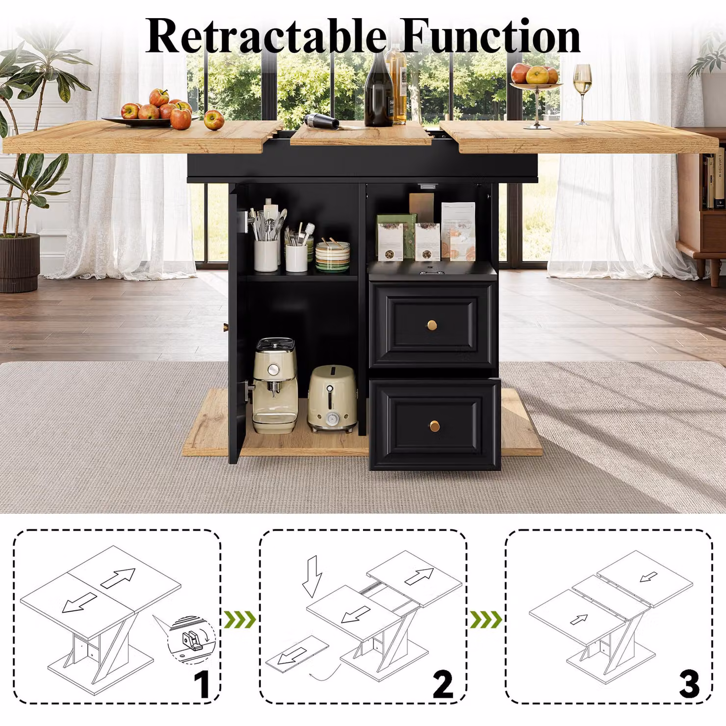 Aosom UK Black Concealed Telescopic Kitchen Table with High-Density MDF Tabletop and Leg Storage, W: 80 cm, D: 110 cm, H: 75 cm – 4