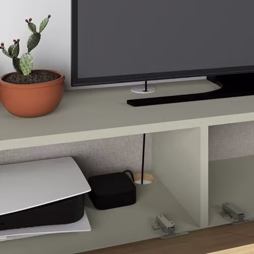 HOCUS PICUS Modern Floating TV Stand with 2 Door Storage Cabinet, Ash Green and Oak – 3