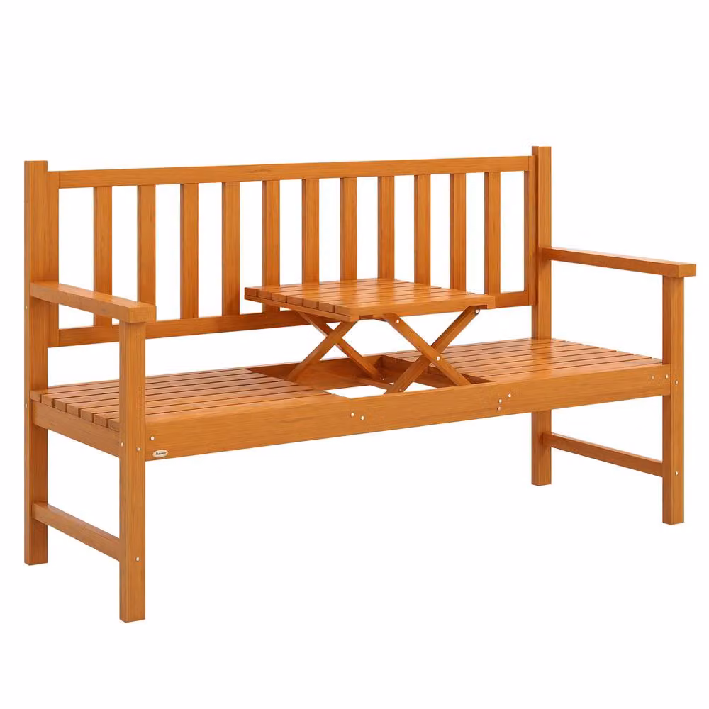 OUTSUNNY Rustic Light Brown Pine Wood Outdoor Garden Bench with Liftable Middle Table, Width: 153 cm – 2