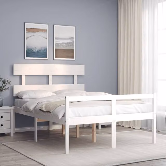 Berkfield Home Small Double Bed Frame with Headboard in White Solid Pine Wood, W/D/H: 120 x 200 cm – 1
