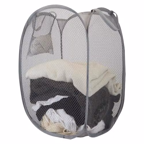 VFM e-Store Collapsible Fabric and Metal Laundry Basket in Grey and White, W: 58 cm, D: 32 cm, H: 32 cm – 1