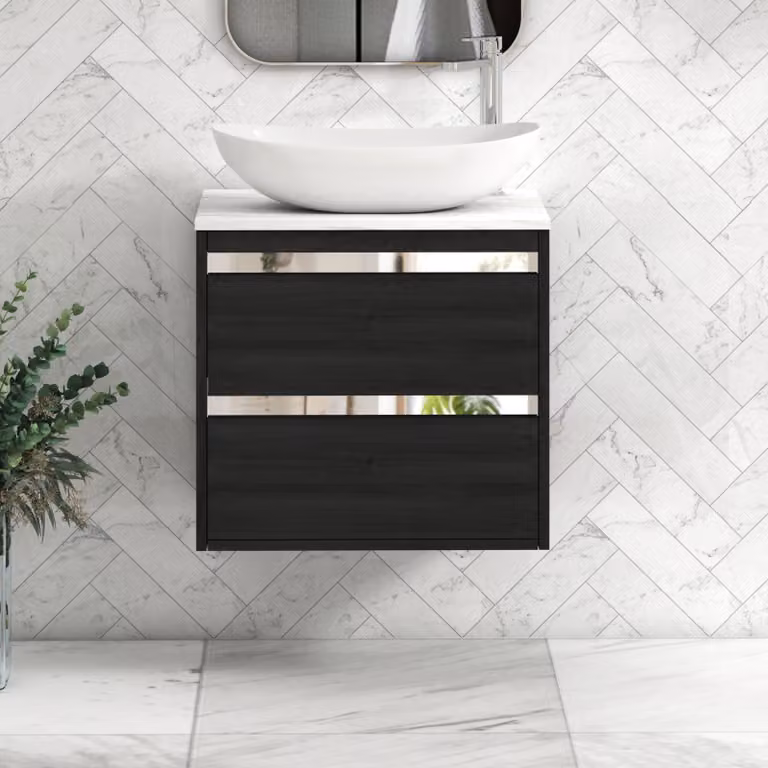 Royal Bathrooms Orion 600mm Hale Black Wall Hung Vanity Unit with Carrara White Cesar Basin and Chrome Accent Trim