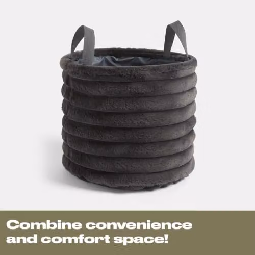 OHS Ribbed Faux Fur Storage Basket with Handles in Grey, W/D/H: 26.0 x 26.0 x 30.0 cm – 5