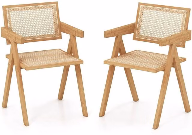 VOGREX Set of 2 Modern Mid-Century Rattan and Bamboo Dining Accent Chairs with Armrests in Beige and Brown