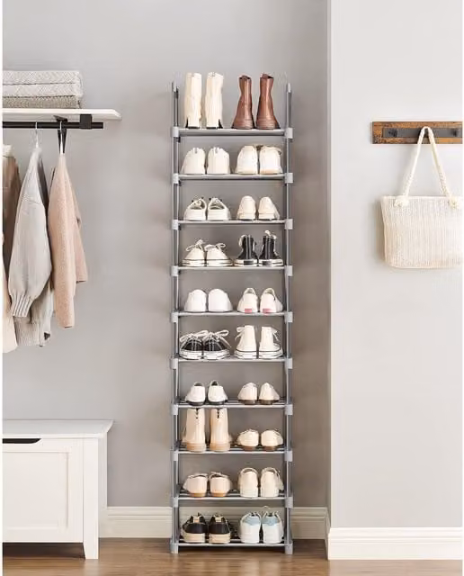 SONGMICS 10-Tier Metal Shoe Storage Organiser with Adjustable Shelves in Grey – 1