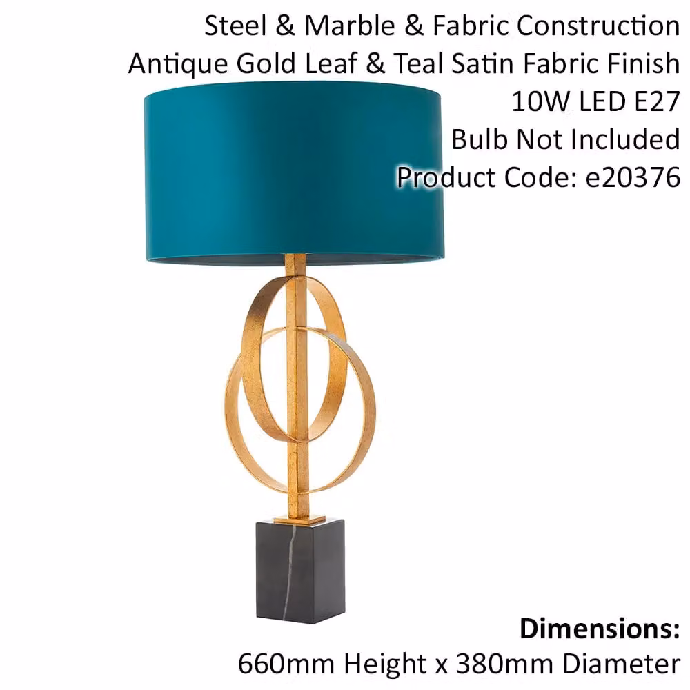 Loops 2 Pack Antique Gold and Black Marble Table Lamps with Teal Satin Shades – 2