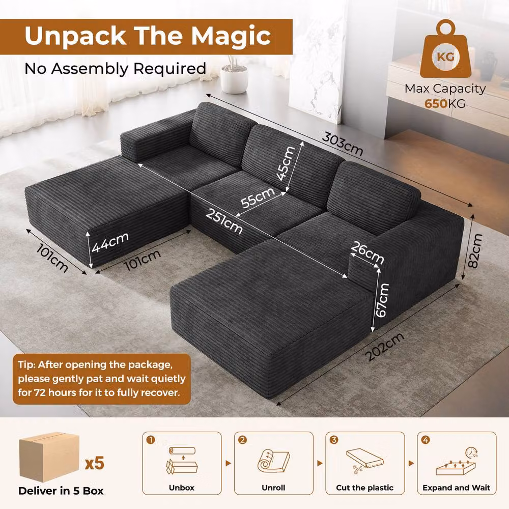Dprodo Black Corduroy Modular U-Shape Sofa with Matching Ottoman and Removable Covers – 2