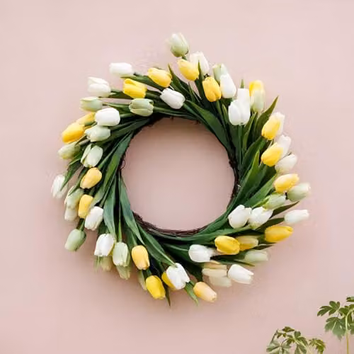 Primrose Yellow Artificial Tulip Flower Wreath with Hanging Loop, Diameter: 50 cm