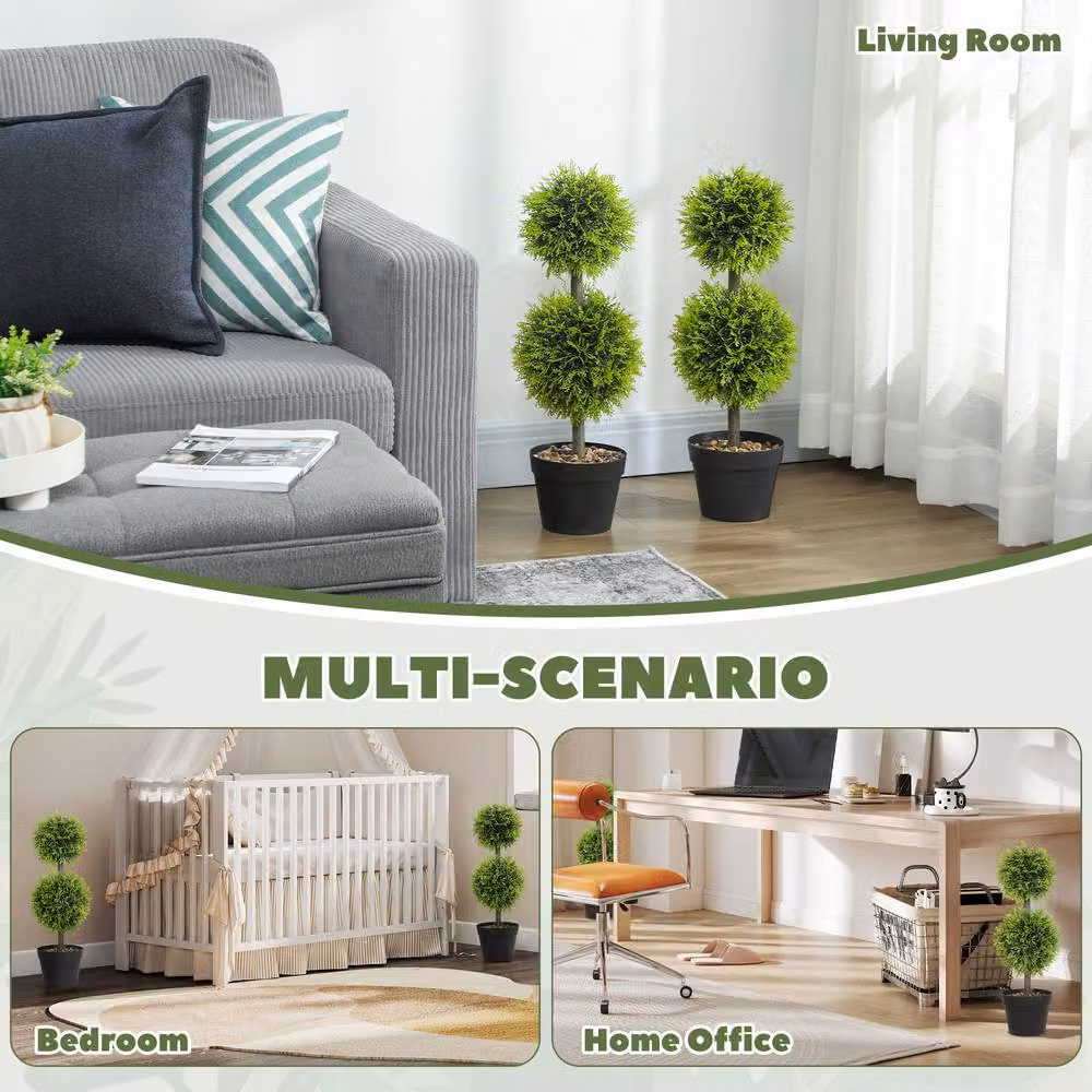 STILVORA Set of 2 Green Artificial Round Topiary Cypress Trees, Height: 60 cm – 7
