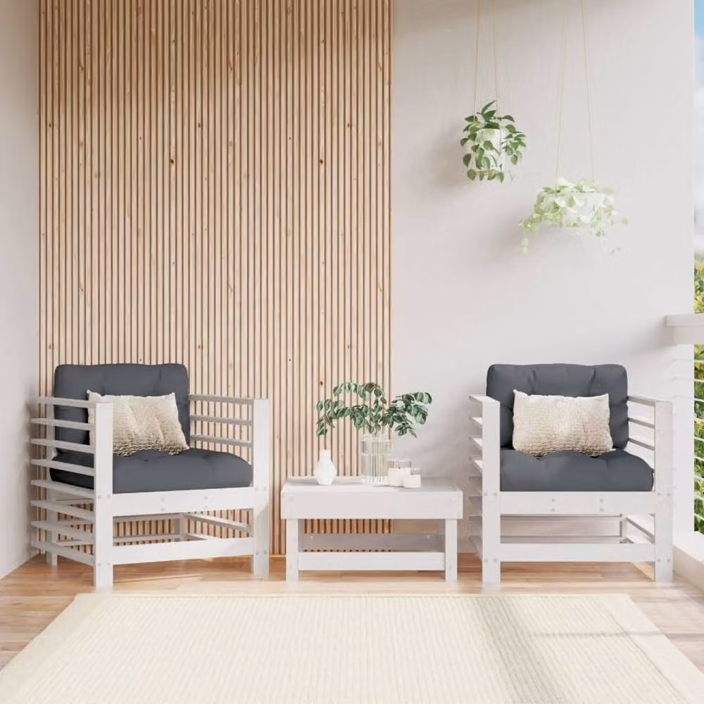 Berkfield Home Beautiful Set of 2 White Solid Pine Garden Chairs with Cushions and Armrests – 2