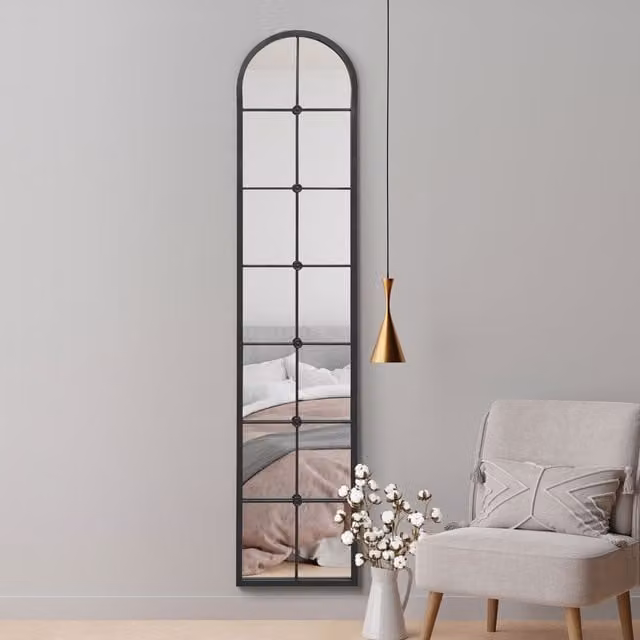 MirrorOutlet Arcus Slim Framed Metal Arch Leaner Wall Mirror in Black, H 190 cm x W 40 cm x D 30 cm