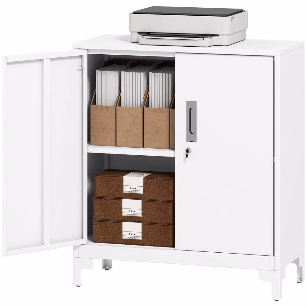 STILVORA Lockable Metal Filing Cabinet with 2 Shelves and Hinged Doors, White – 2