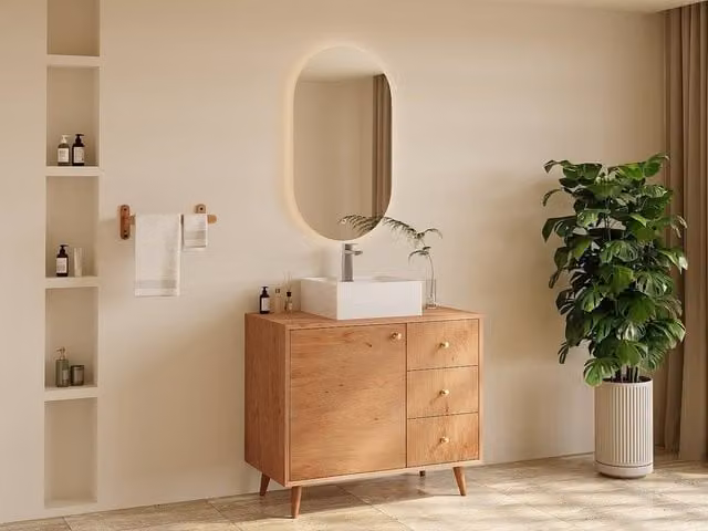 Vente-unique Solid Oak Bathroom Vanity Unit with Square Countertop Basin in Light Oak