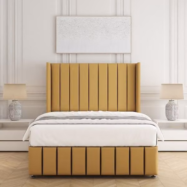 BSSPOKE Zoe Plush Velvet Divan Bed Set with 54 inch Headboard and Mattress in Mustard Yellow, W/D/H: 140 x 200 cm