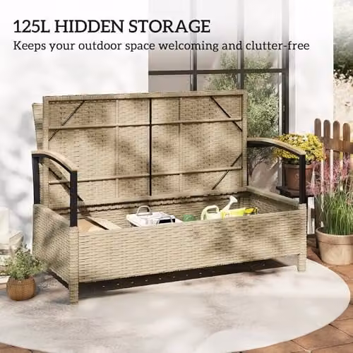 Outsunny 125L 2 Seater Garden Storage Bench in Beige PE Rattan with Metal Frame – 5
