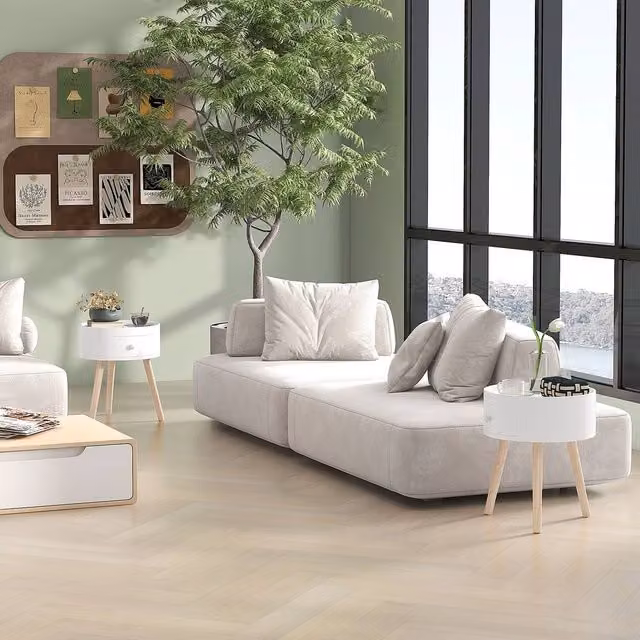 HOMCOM Set of 2 Round White Coffee Tables with Drawer and Wood Legs – 1