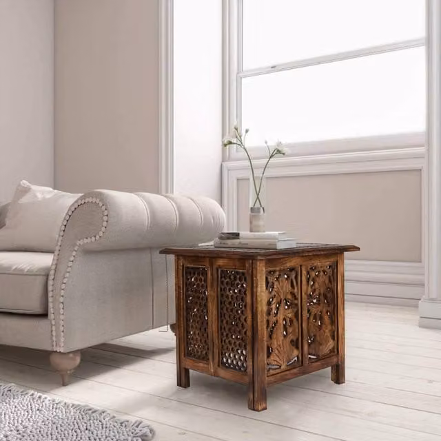 Topfurnishing Antique Brown Square Carved Mango Wood Coffee Table and Bedside End Table