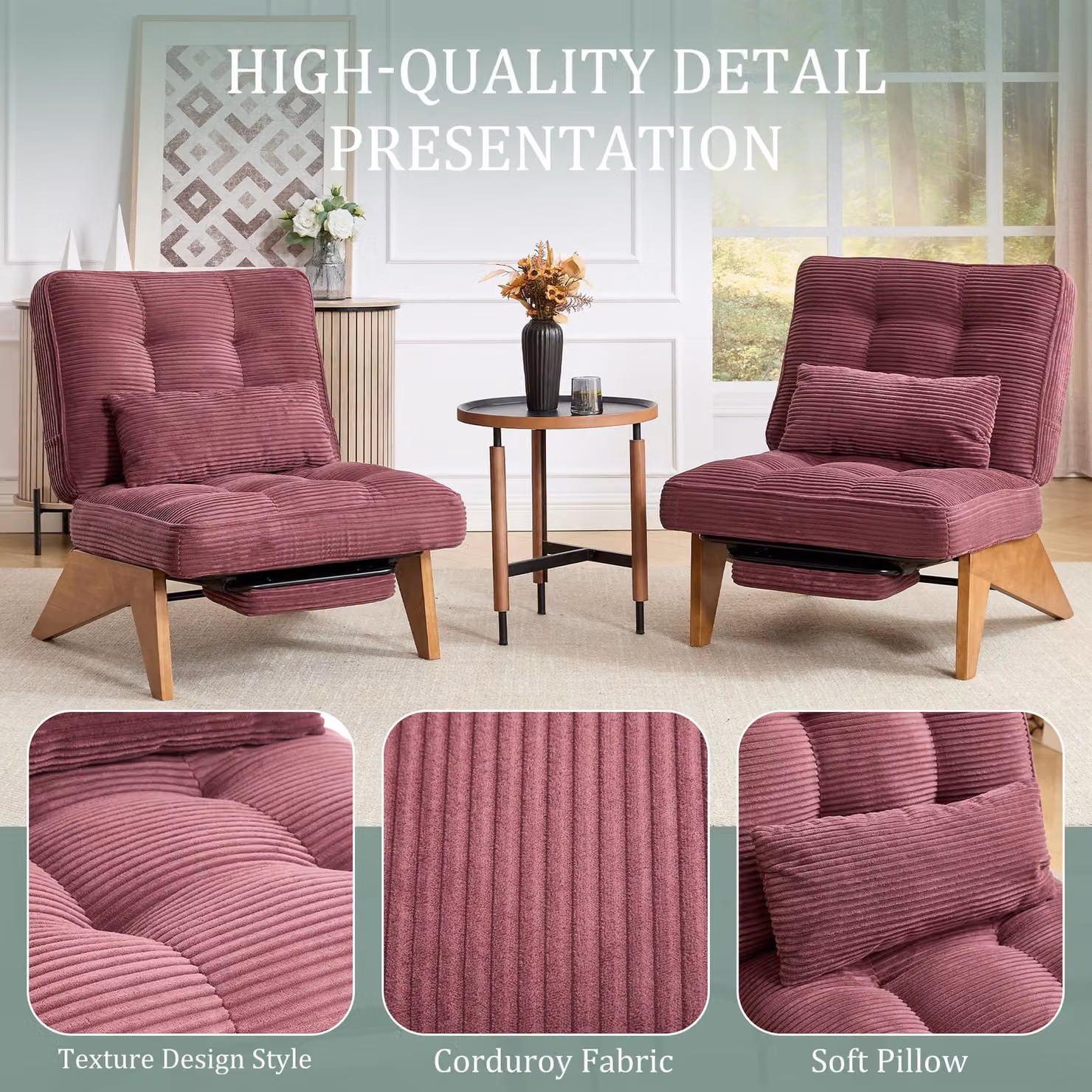 Aosom UK Wine Red Reclining Accent Chair with Foldable Ottoman and Lumbar Pillow, H 90 x W 73 x D 127 cm – 4