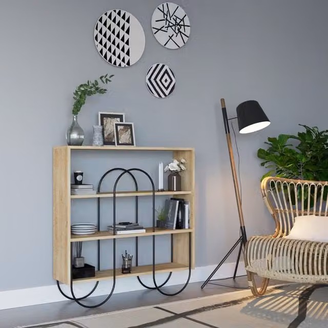 FWStyle Modern Curved Metal Frame Display Shelving Unit with 4 Shelves in Natural Oak