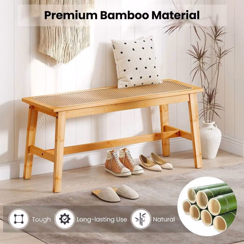 NESTLUNE Brown Bamboo Dining Bench with Rattan Seat and Geometric Design – 2
