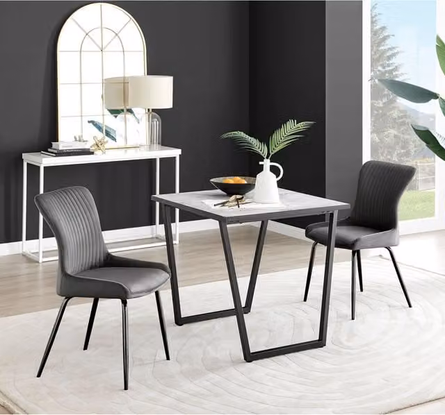 FurnitureboxUK Carson White Marble Effect Square Dining Table and 2 Nora Black Leg Chairs in Dark Grey