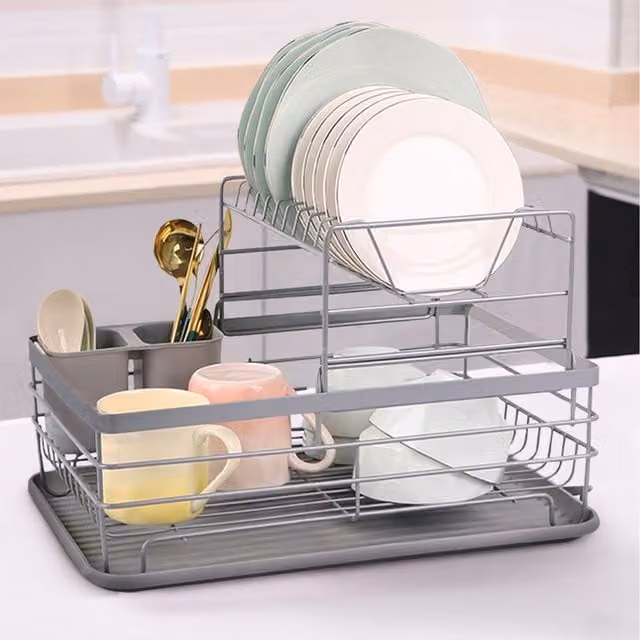 Lifeideas Freestanding Metal Kitchen Dish Drainer with Drip Tray and Cutlery Holder in Silver Grey