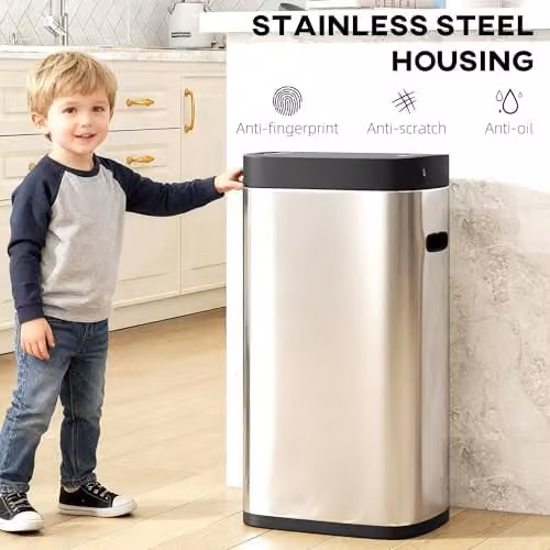 HOMCOM 50L Automatic Sensor Bin, Touchless Battery Operated Kitchen Bin, Silver Tone, H 68.0 cm x W 35.5 cm x D 26.5 cm – 6