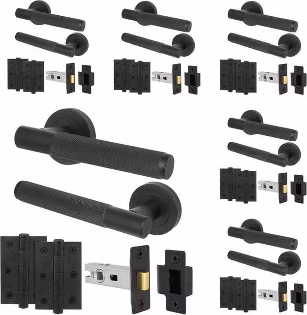 AFIT Matt Black Knurled Door Handles and Rose Latch Kit with Hinges, 6 Pairs, W/D/H: 15.0 x 15.0 x 15.0 cm – 1