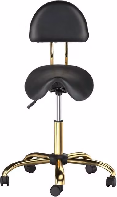 NESTLUNE Adjustable Swivel Salon Saddle Stool with Backrest in Black and Gold PVC Leather – 1