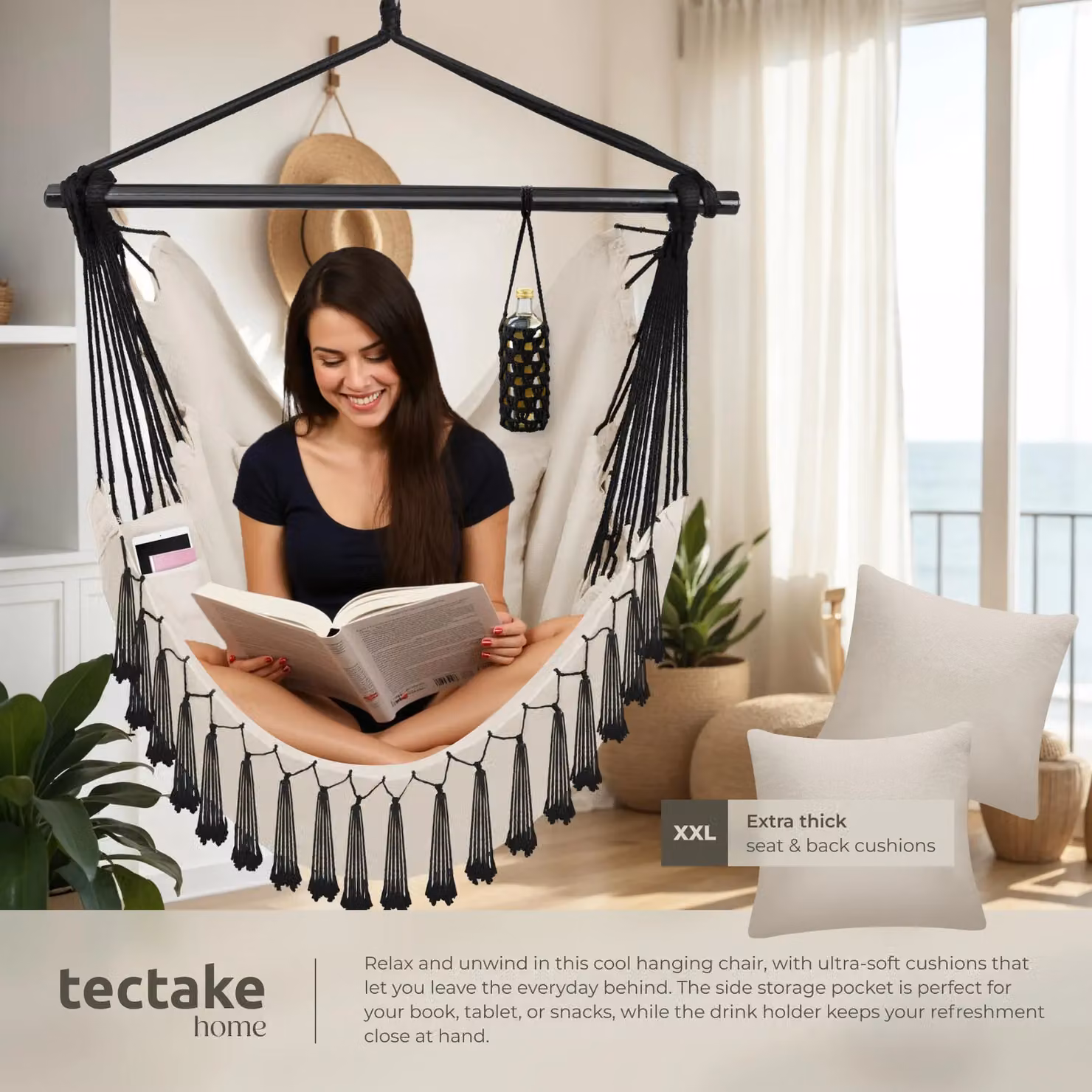 tectake Malika Boho Style Hanging Chair in Beige – 3