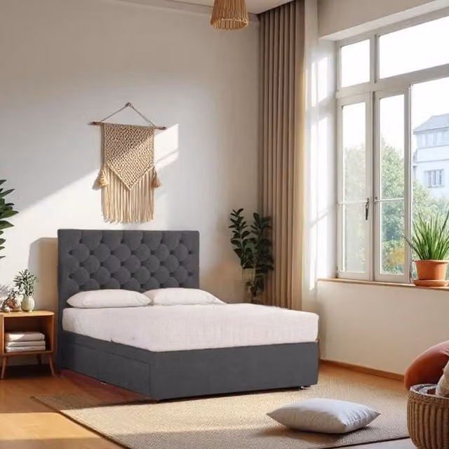 Knight Sleep Athens Plush Bed Set with Hybrid Mattress and 24 inch Headboard in Charcoal Grey, W/D/H: 90 x 190 x 61 cm
