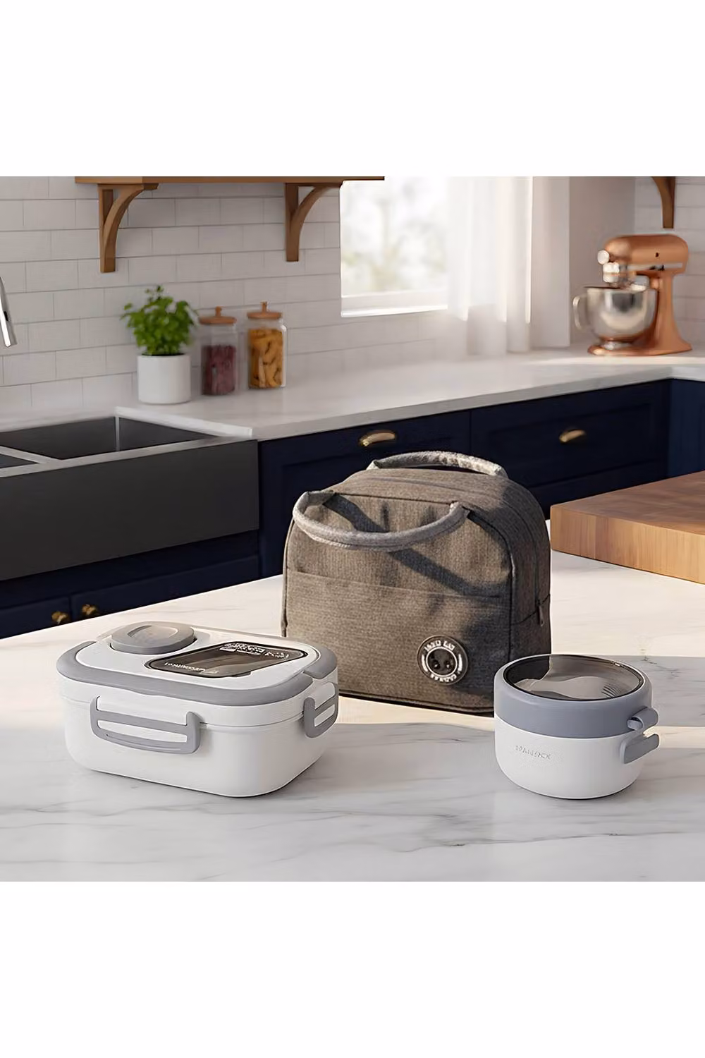 Living and Home Portable Insulated Lunch Box Set with Dividers and Cutlery in White – 2
